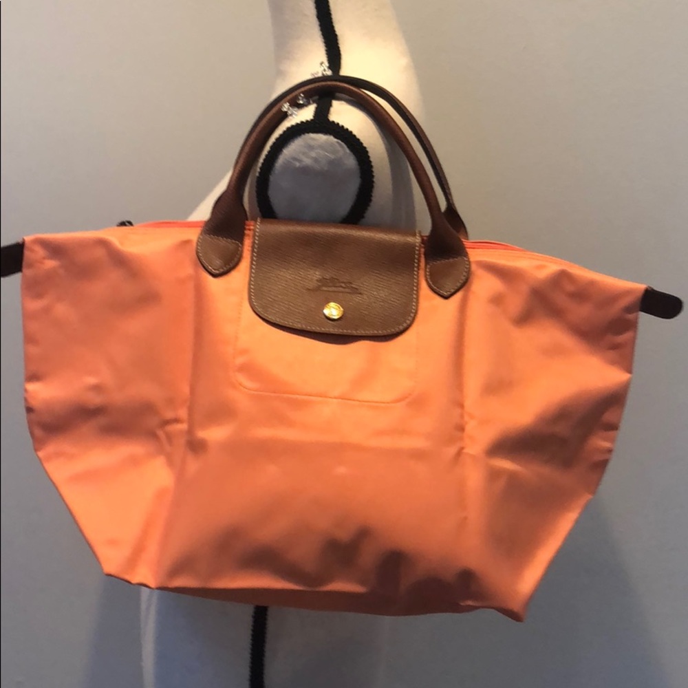 Longchamp Orange Tote with Brown Trim